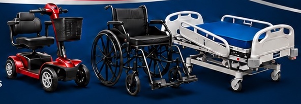 Mobility scooter, wheelchair, and hospital bed from Key Care’s business card